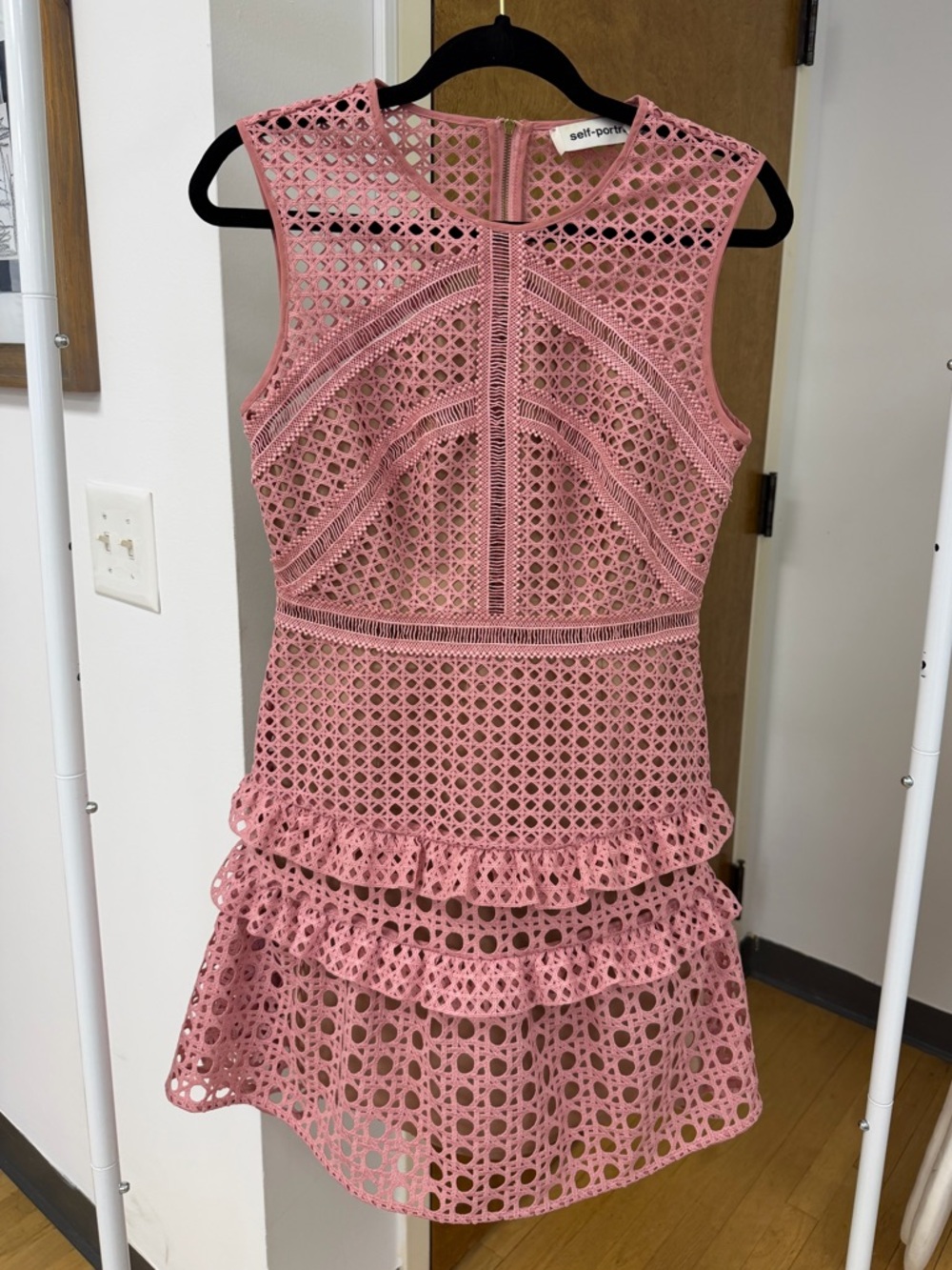 SELF PORTRAIT Cross Hatch Frill Mini Dress in Pink Sz 6 EUC Event Romantic Lux - Picture 5 of 16
